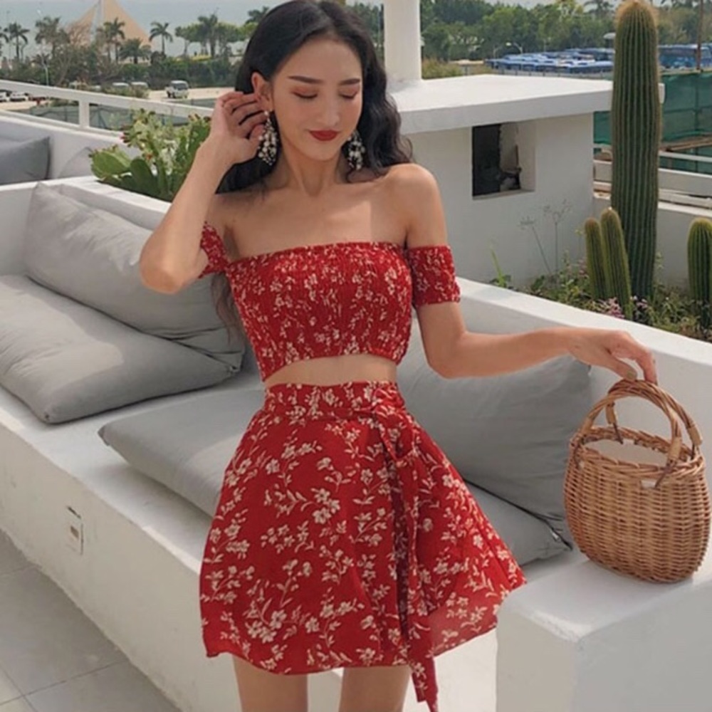 Yesstyle Red Floral Smocked Top and Wrap Skirt